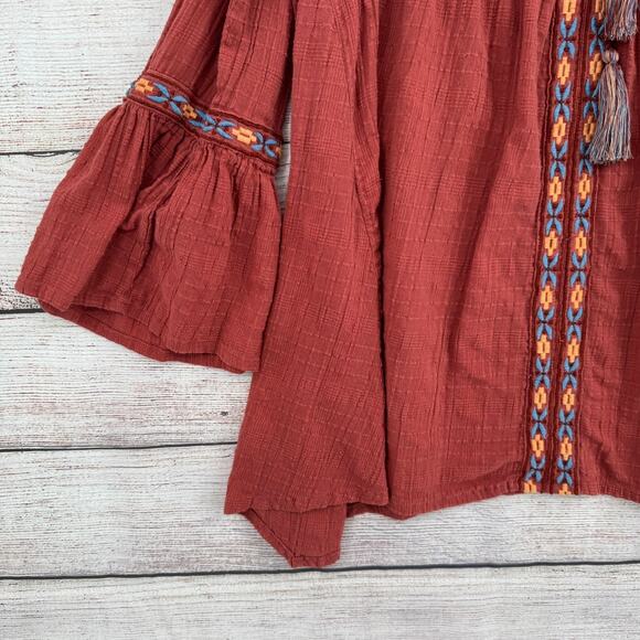 World Market BOHO Embroidered Cold Shoulder Blouse Womens L XL Brick Red - Picture 3 of 11